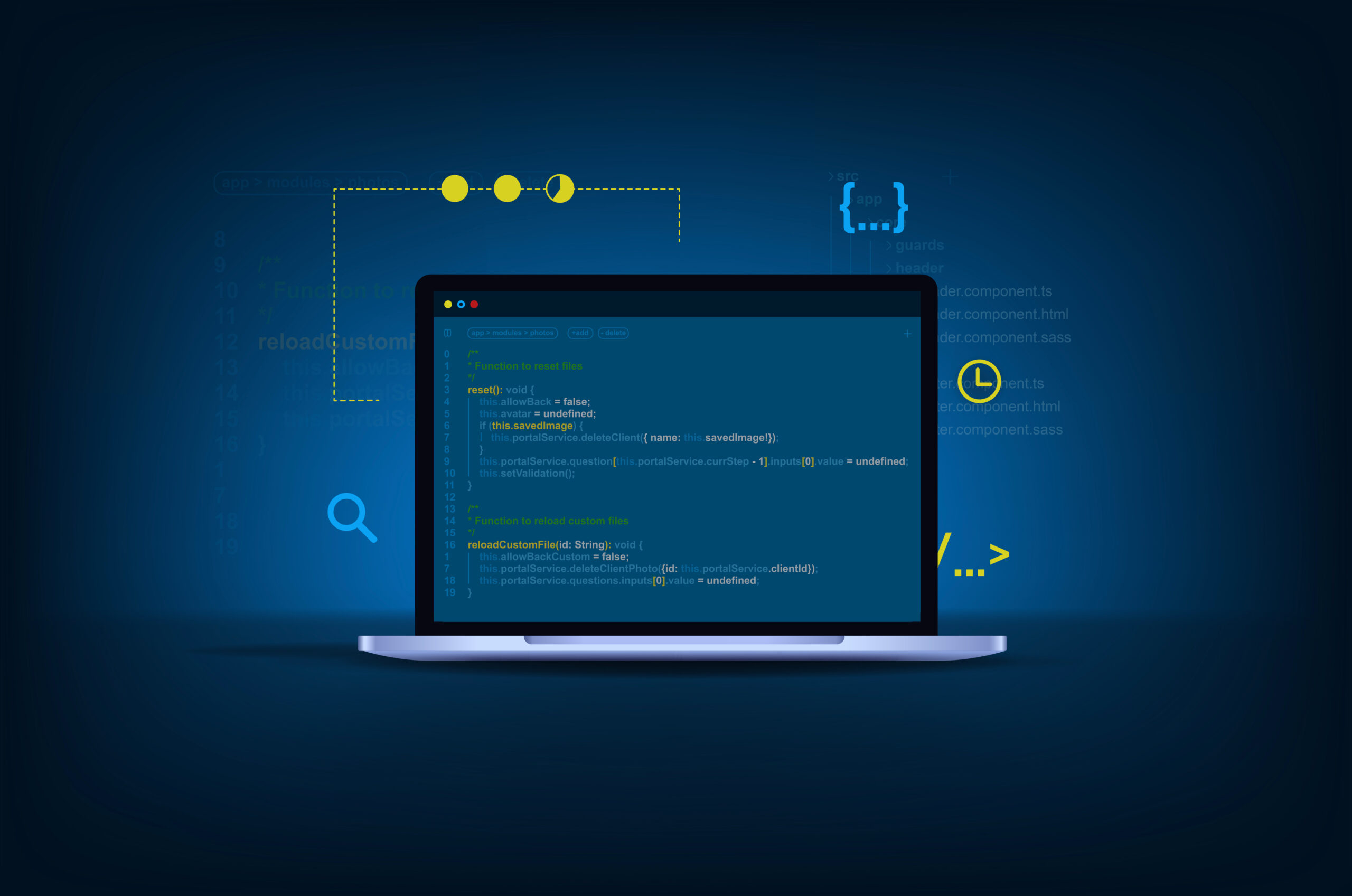 Computer programming, software or game development illustration with coding symbols and windows.